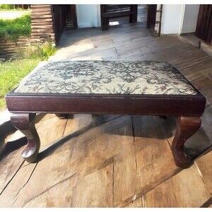 Upholstered Stool Tapestry Floral Wood Trim Vintage Taiwan Polyurethane Pad READ